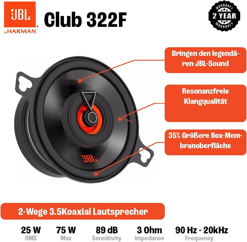 JBL Club 322F 2-Wege Auto Lautsprecher Set von Harman Kardon - 75 Watt Pro Sound KFZ Autolautspreche