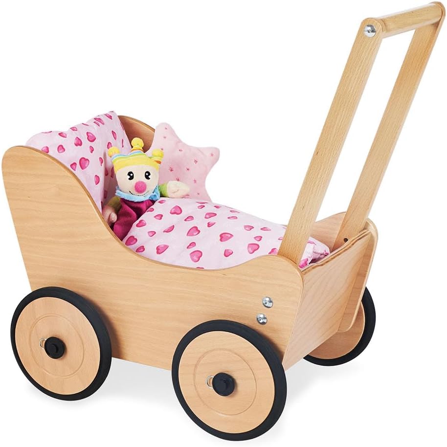 Pinolino Puppenwagen Sarah, aus Holz, mit Bremssystem, Lauflernhilfe mit gummierten Holzrädern, für