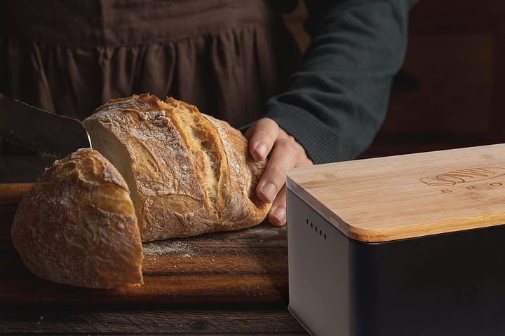 Theo&Cleo Brotkasten mit Schneidebrett , 33x21x15cm , Matte Brotbox mit Bambusdeckel und Leinen Brot