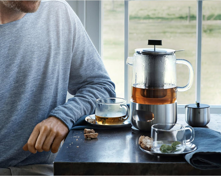 WMF SensiTea Teekanne mit Stövchen Set 3-teilig, Cromargan Edelstahl, Glaskanne 1,3l mit Siebeinsatz