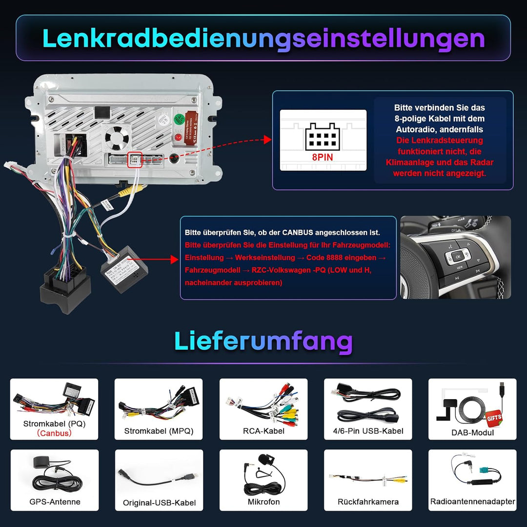 Android DAB Autoradio mit Bildschirm 8Core für VW Golf 5 6 T5 Polo 6R Caddy Skoda Seat Passat, 4G+64