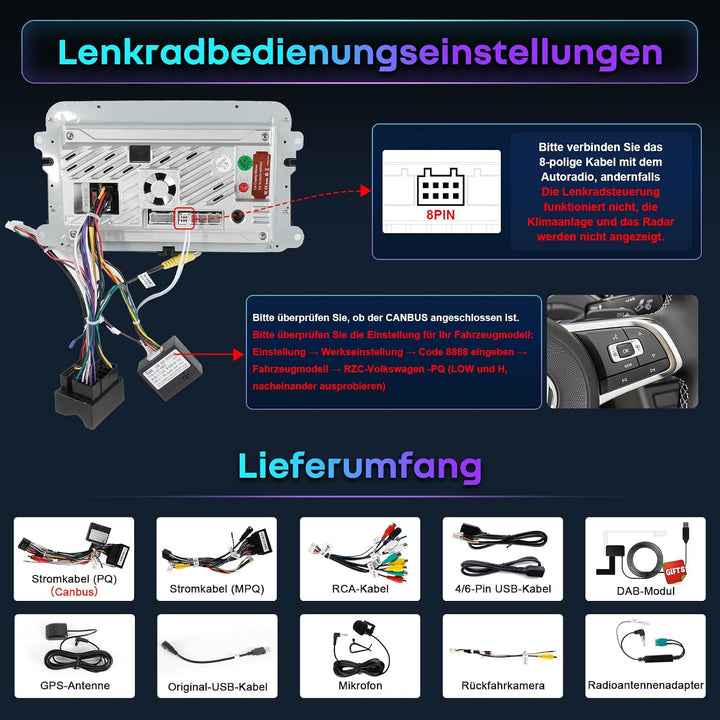 Android DAB Autoradio mit Bildschirm 8Core für VW Golf 5 6 T5 Polo 6R Caddy Skoda Seat Passat, 4G+64