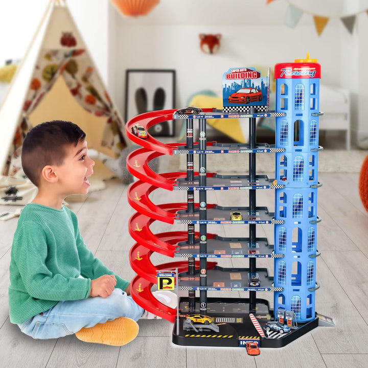 CELMAN Parkgarage Spielset für Kinder - Multilevel Spielzeugauto Parkhaus mit Handbetriebener Aufzug