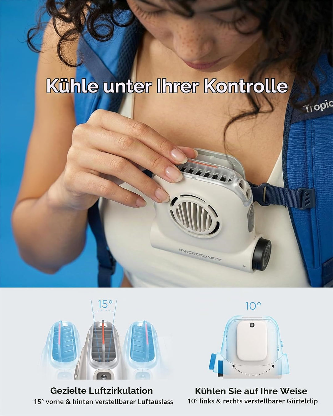InoKraft Freihändiger Clip-Ventilator, tragbarer Ventilator mit 4Ah Wechselakku, 49 ft/s Turbo Fan,