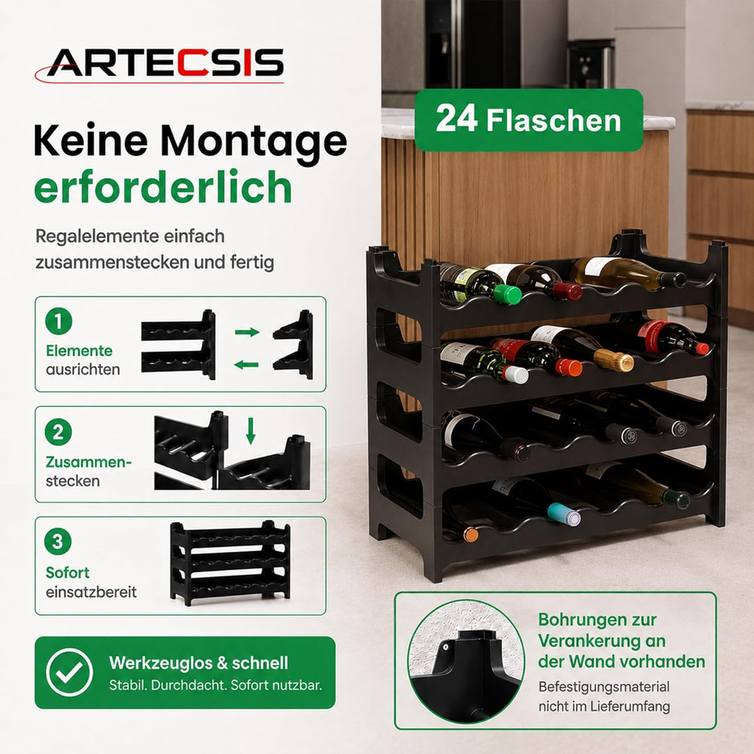 ARTECSIS Weinregal stapelbar Kunststoff für 24 Flaschen, stabiles leichtes Flaschenregal für Keller,