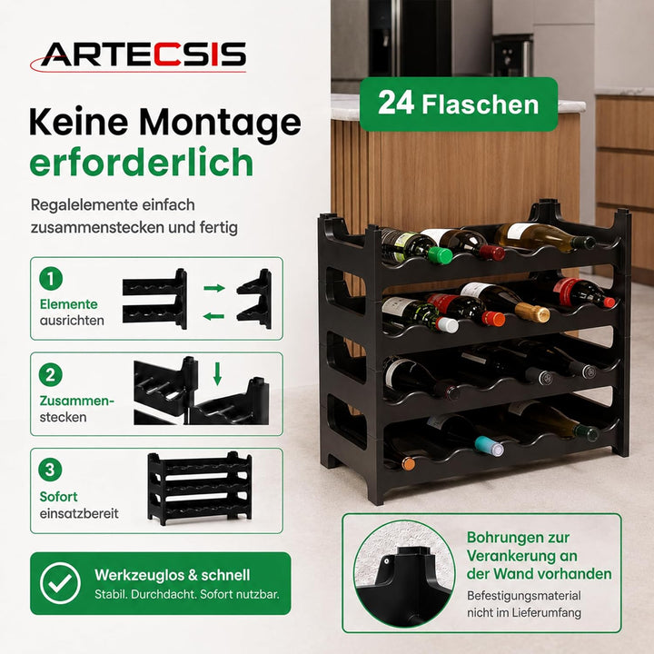 ARTECSIS Weinregal stapelbar Kunststoff für 24 Flaschen, stabiles leichtes Flaschenregal für Keller,