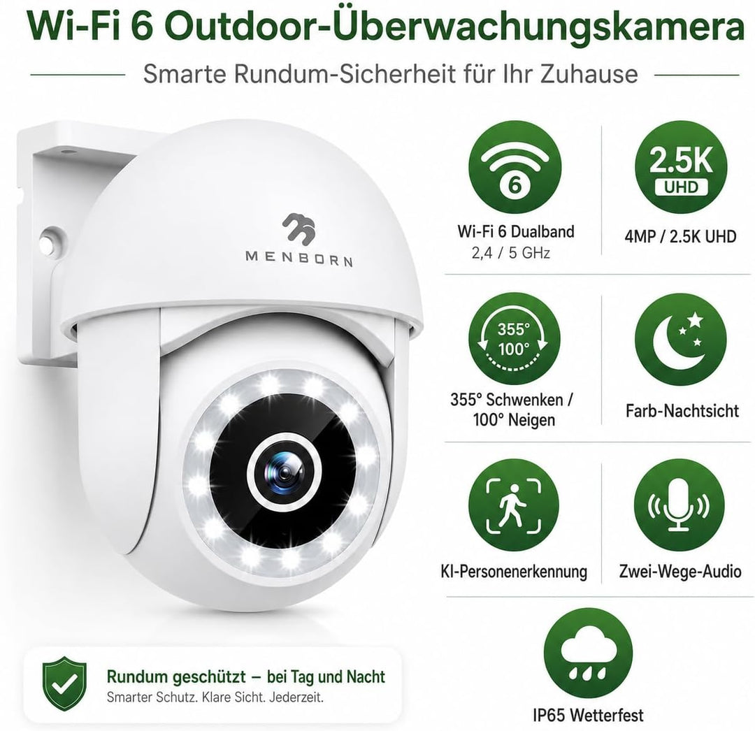 Menborn Überwachungskamera Aussen 2.5K/4MP, Aktualisierte Kamera Überwachung 360° mit Starlight Farb