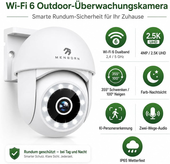Menborn Überwachungskamera Aussen 2.5K/4MP, Aktualisierte Kamera Überwachung 360° mit Starlight Farb