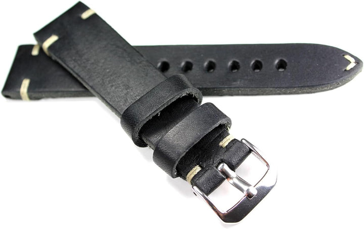 Sulla RIOS 1931 20 mm Herren Kalbsleder Deutsch Uhrenarmband Vintage Pilot schwarz Weisse Naht 20/16