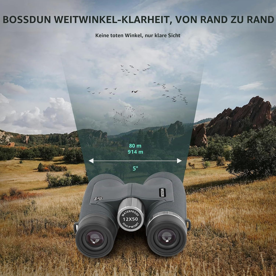 12x50 HD-Optik-Fernglas für Erwachsene, professionelles wasserdichtes Fernglas mit BaK4-Prismen und