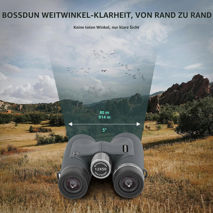 12x50 HD-Optik-Fernglas für Erwachsene, professionelles wasserdichtes Fernglas mit BaK4-Prismen und
