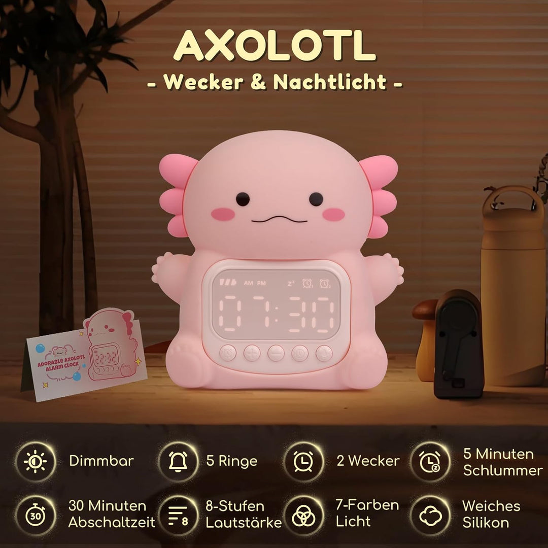 Yiliaw Axolotl Wecker mit Nachtlicht für Kinder, 7 RGB-Farben Süsse Wecker für Schlafzimmer, Ok to W