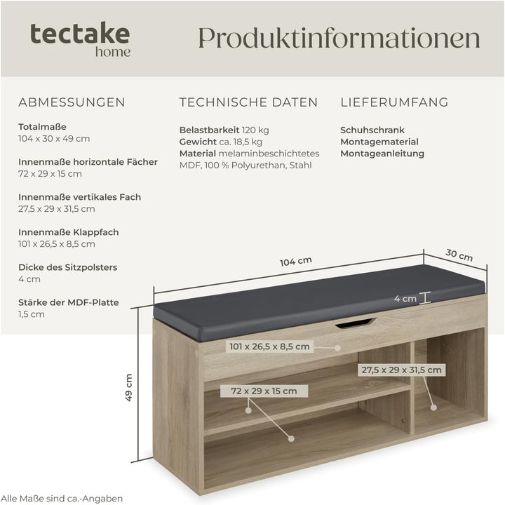tectake® Sitzbank mit Stauraum, Schuhregal mit Sitzbank, 104 x 30 x 49 cm, Hocker mit Stauraum & Sch