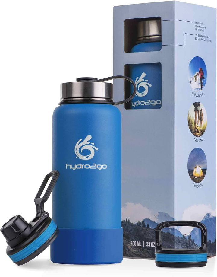 hydro2go ® Edelstahl Trinkflasche X-AlpsBottle - 1000ml / 1l | vakuumisolierte Thermosflasche + 3 Tr