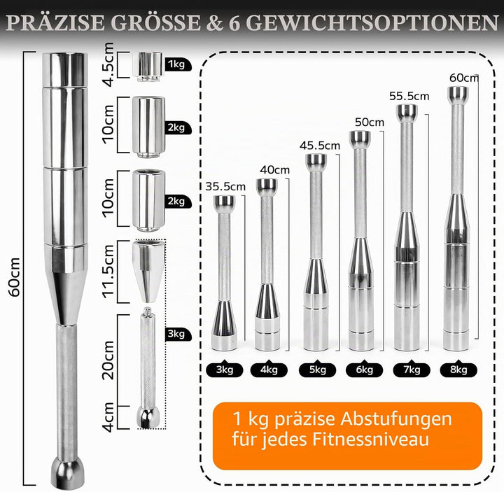 Verstellbare Macebell 3-8kg Indian Clubbell, 6 Gewichte in 1 Keule Mace Bell, Rutschfester Griff, Ge
