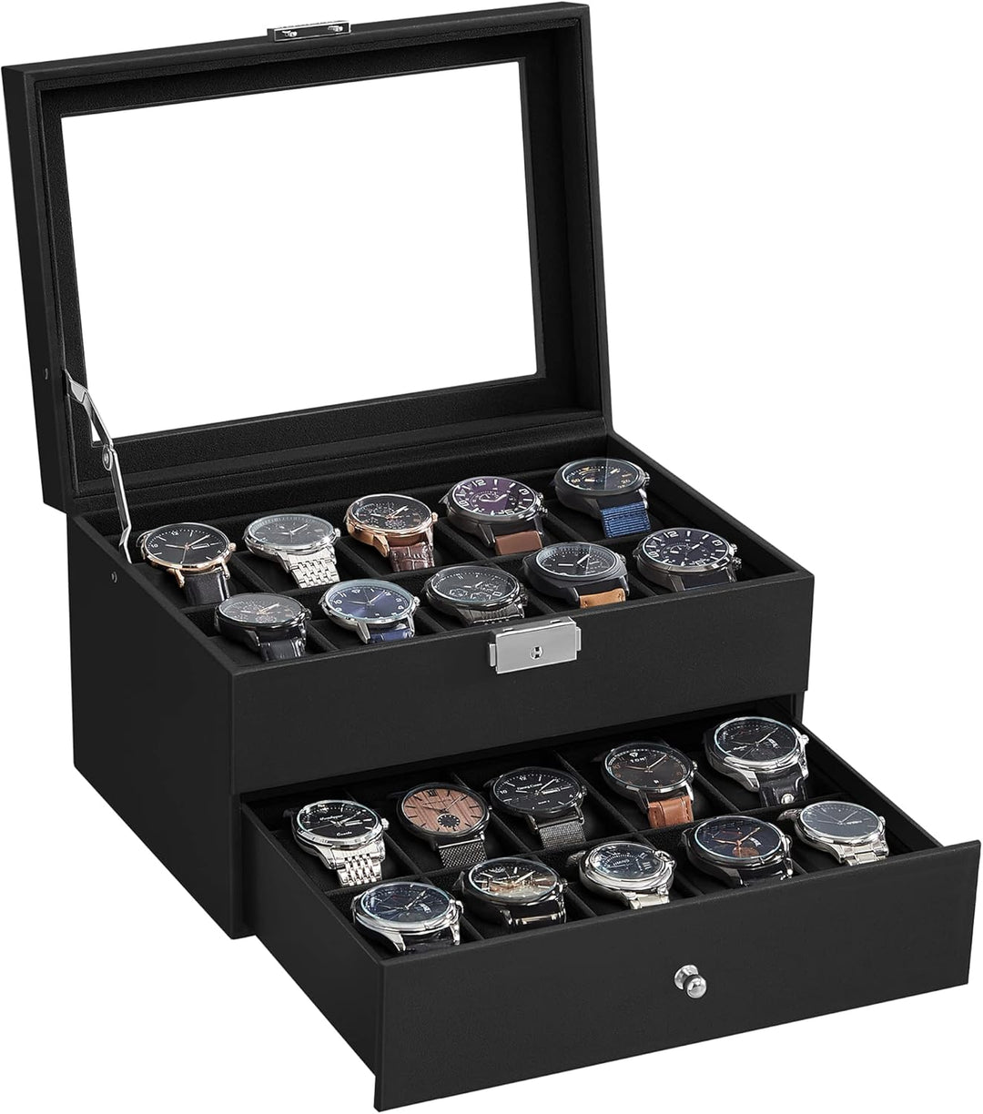 SONGMICS Uhrenbox, Uhrenkasten mit Glasdeckel, 2 Ebenen, Uhrenkoffer mit herausnehmbaren Uhrenkissen