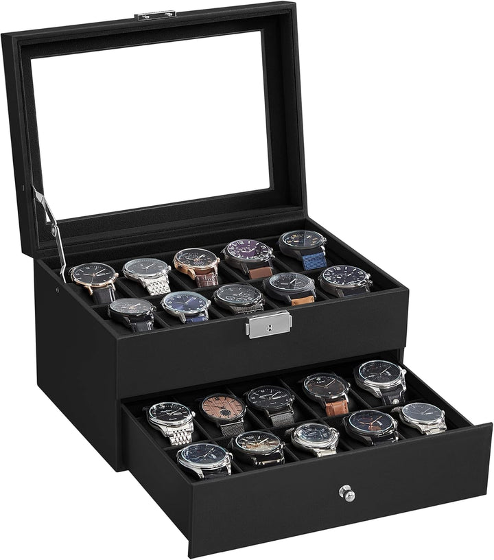 SONGMICS Uhrenbox, Uhrenkasten mit Glasdeckel, 2 Ebenen, Uhrenkoffer mit herausnehmbaren Uhrenkissen