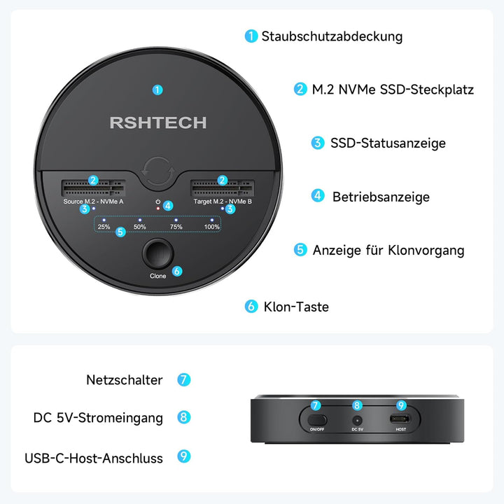RSHTECH Dual Bay M.2 Nvme Clone Docking Station - M.2 SSD External Dock - Dockingstation Unterstützt