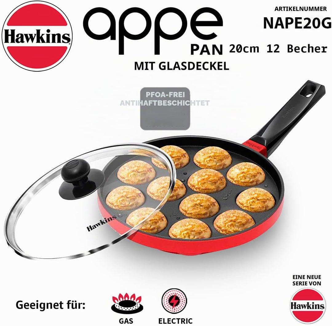 HAWKINS Antihaft-Appe-Pfanne mit Glasdeckel, 12 Tassen, Durchmesser 22 cm, Schwarz (NAPE22G), Standa