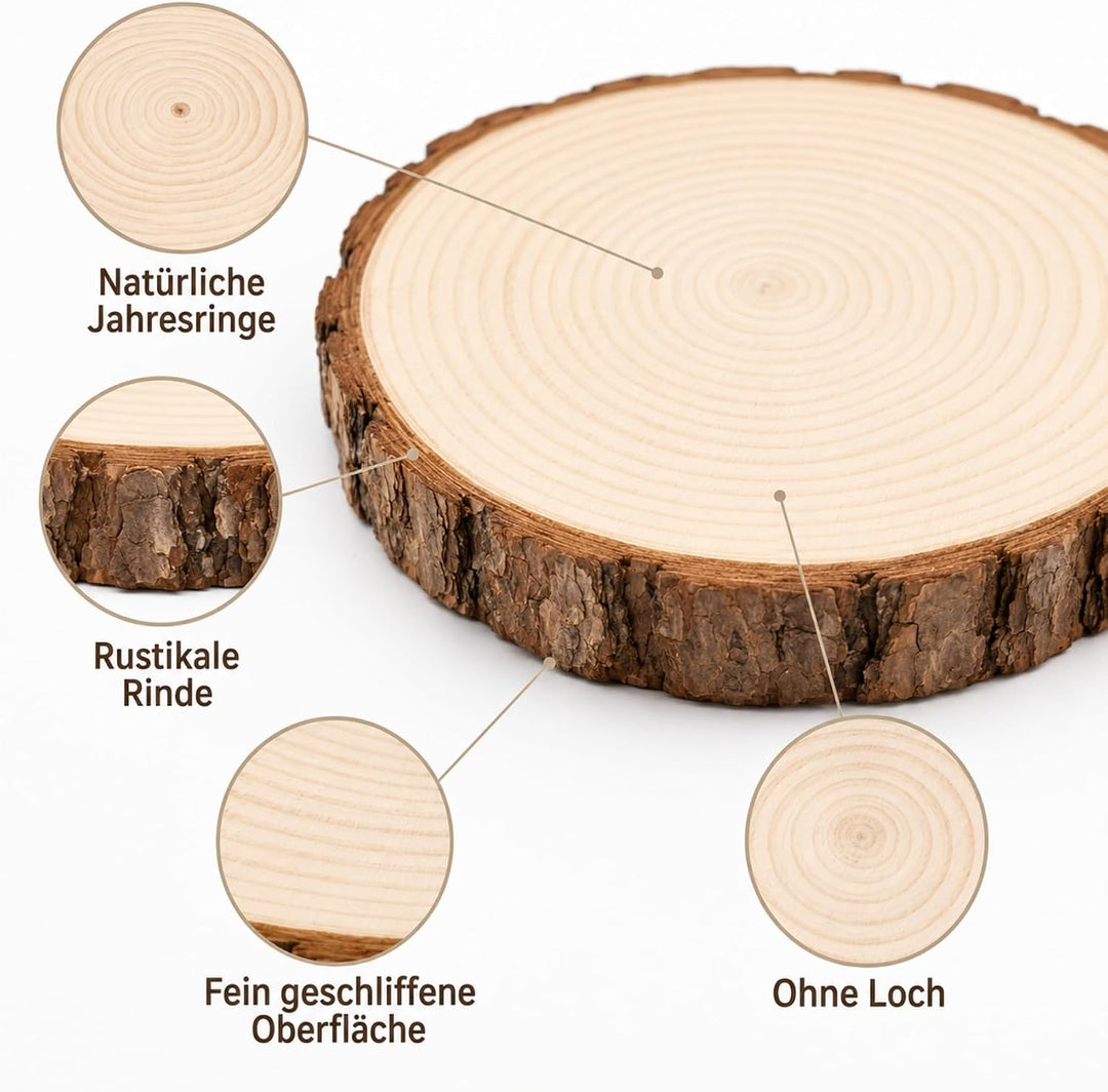Holzscheiben 12er Set 18-20 cm Runde Baumscheiben ohne Loch – Unbehandelte Holz Log Scheiben aus Kie