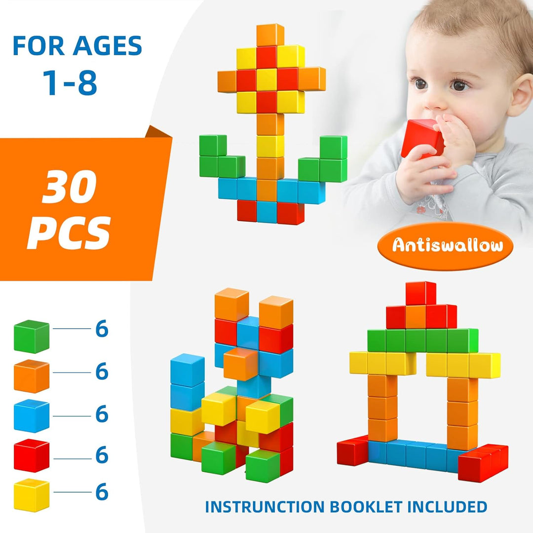 Magnetische Bausteine, 30 Stück, Grosse Magnetische Würfel für Kleinkinder Jungen und Mädchen, Senso