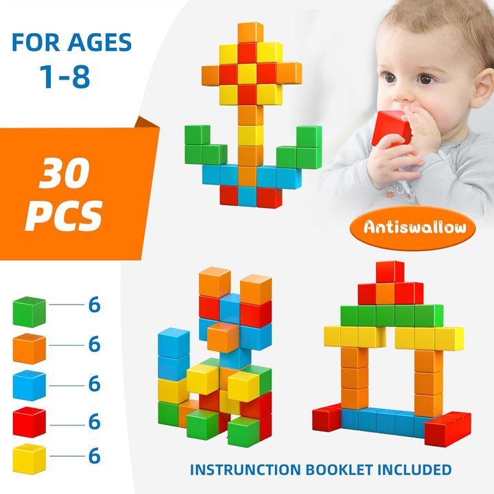 Magnetische Bausteine, 30 Stück, Grosse Magnetische Würfel für Kleinkinder Jungen und Mädchen, Senso