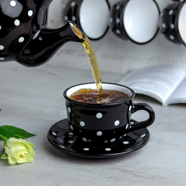 City to Cottage® - Keramik Kaffebecher Teetasse 350 ml | Schwarz und Weiss | Polka Dots | Handgemach