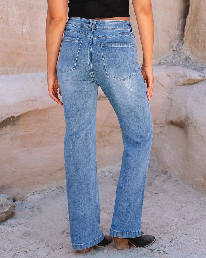 Roskiky Schlaghose Damen Jeans Wide Leg Baggy Jeans Damen High Waist Stretch Hosen Damen Jeans L Coo