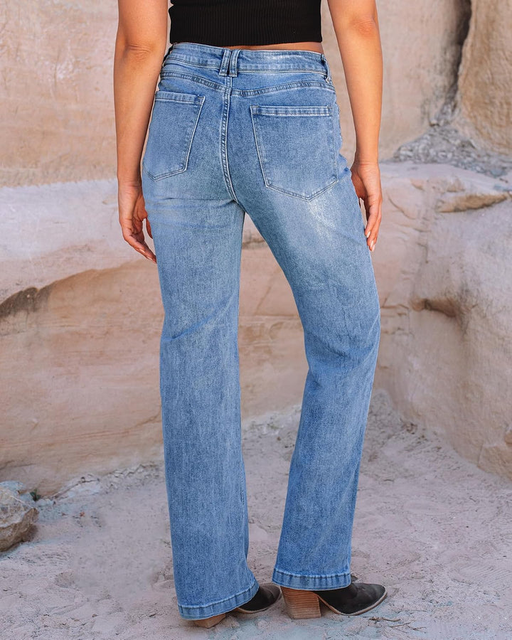 Roskiky Schlaghose Damen High Waist Wide Leg Baggy Jeans Stretch Hosen M Cooles Klassisches Blau, M