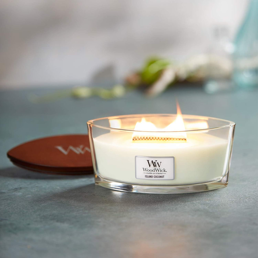 Ellipsenförmige WoodWick Duftkerze mit knisterndem Docht, Island Coconut, bis zu 50 Stunden Brenndau