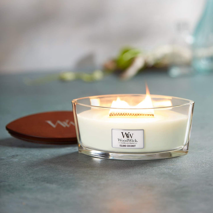 Ellipsenförmige WoodWick Duftkerze mit knisterndem Docht, Island Coconut, bis zu 50 Stunden Brenndau