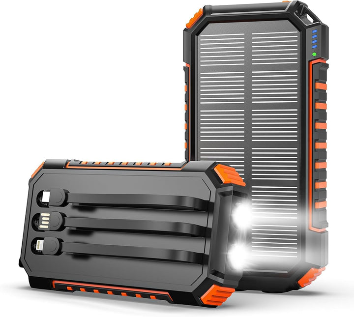 Solar Powerbank 20000mAh – 15 W Schnellladegerät, Tragbares Ladegerät, 3 integrierte Kabel mit LED-T
