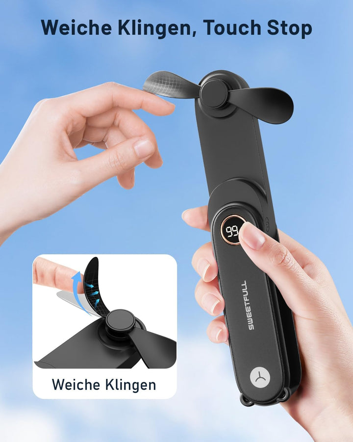 SWEETFULL 11.4cm Tragbarer Mini Ventilator leise, 3 IN 1 Handventilator Akku Aufladbar, Kleiner Tasc