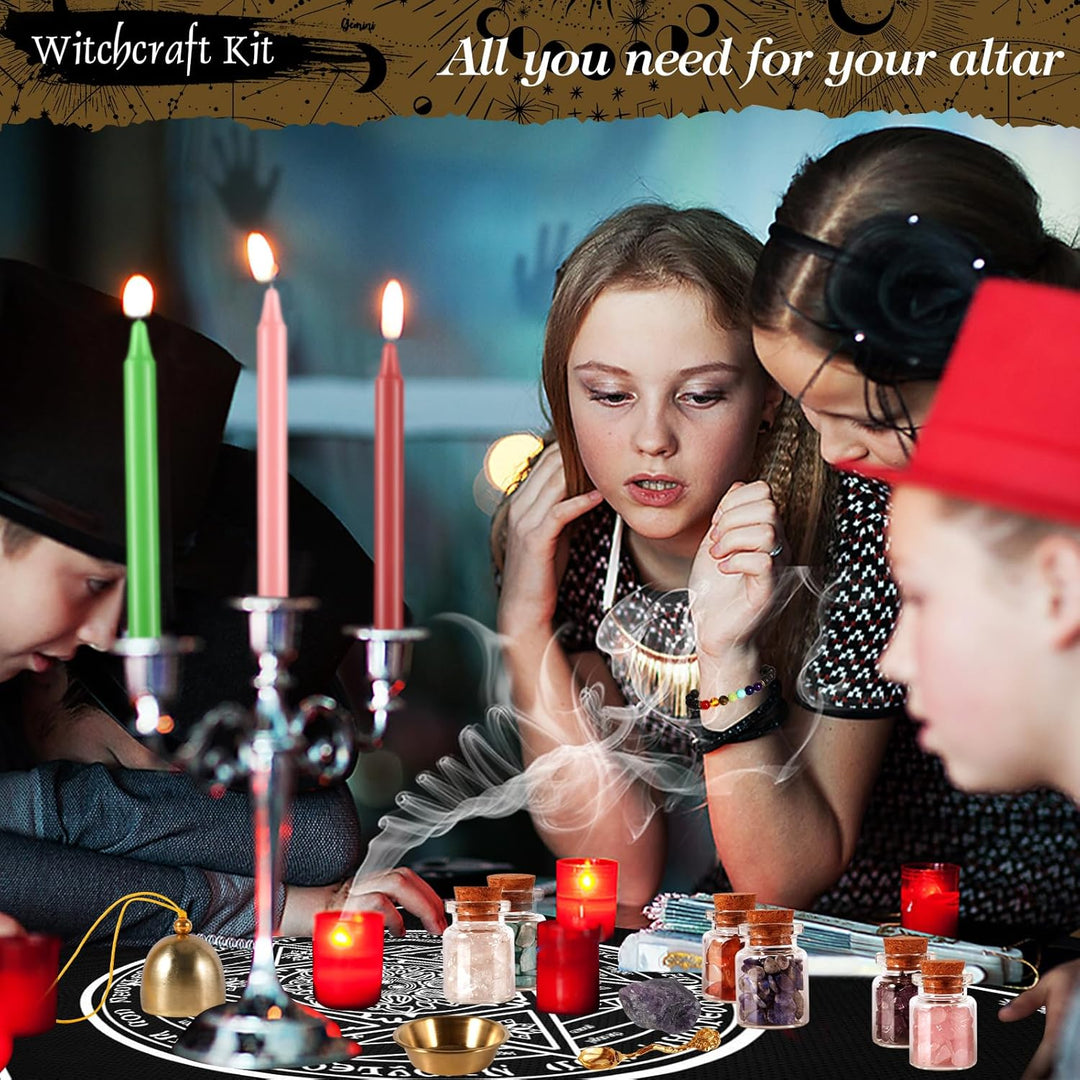VIPNAJI Starter Witch Kit 64 Stück Witchcraft Kit,Kerzen Kleine,Trockenblumen,Kristallen,Messlöffel,