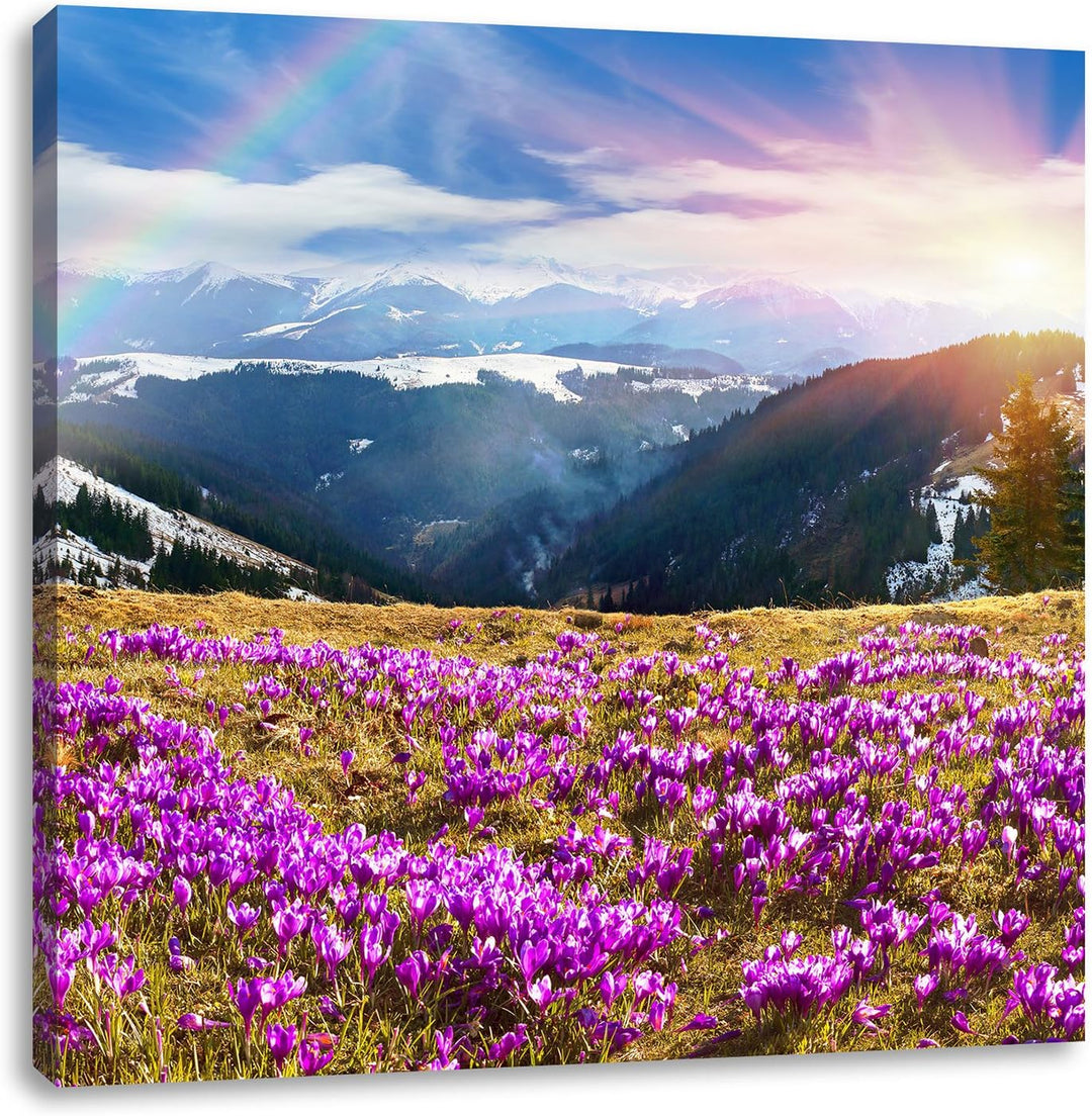 Pixxprint Berge mit Regenbogen als Leinwandbild/Grösse: 70x70 cm/Wandbild/Kunstdruck/fertig bespannt