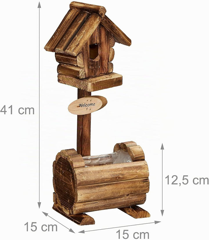 Relaxdays Deko Vogelhaus mit Blumentopf, Tannenholz, rustikales Design, HxBxT: 41 x 15 x 15 cm, Deko