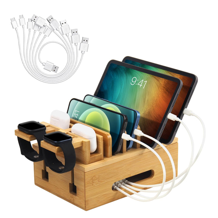 Bambus-Ladestationen für mehrere Geräte, Holz-Desktop-Dockingstation, Ladestation für Handys, Tablet