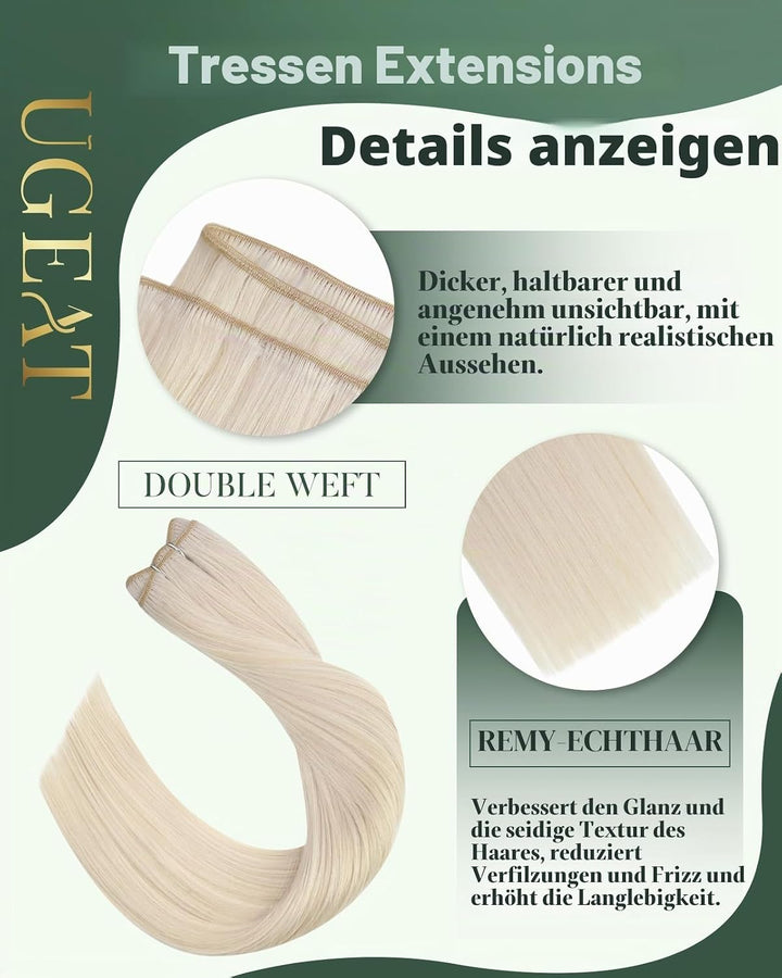 Ugeat Tressen Echthaar Platinblond 45 cm Extensions Tressen Echthaar Blond Glatt Haartressen Platinb