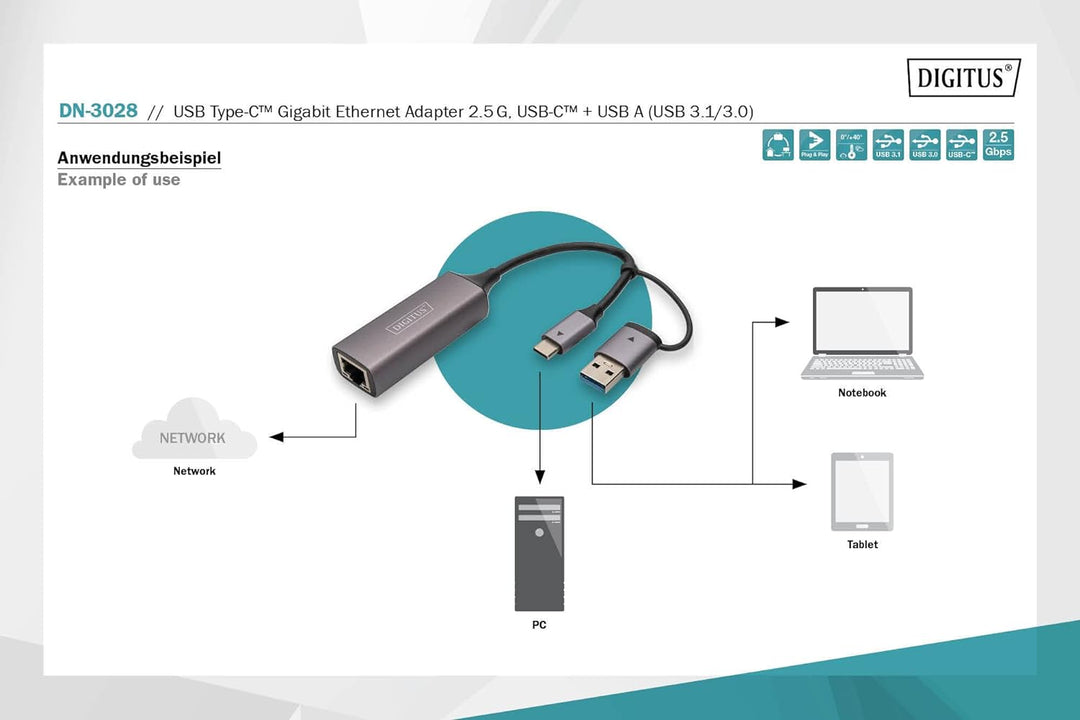 DIGITUS DN-3028 USB Type-C™ Gigabit Ethernet Adapter 2.5G, USB-C™ + USB A (USB3.1/3.0)