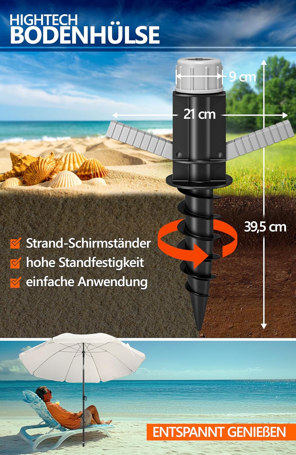 4smile Sonnenschirm Strand SunnyJoy Ø 180 cm, 3-IN-1 Set - UPF 50+ Strandschirm + Sonnenschirm Schut