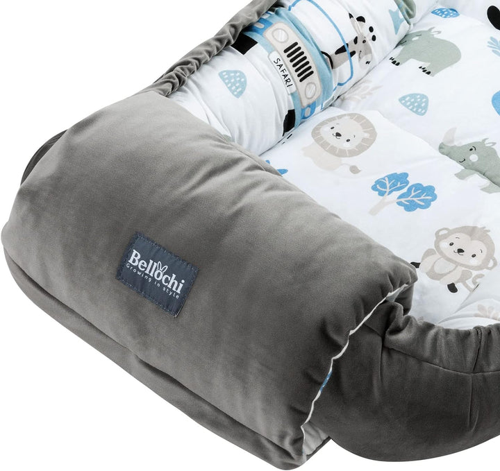 Bellochi Babynest mit Arm Kissen - Babynestchen Neugeborene - Baumwolle und Samt - Safari