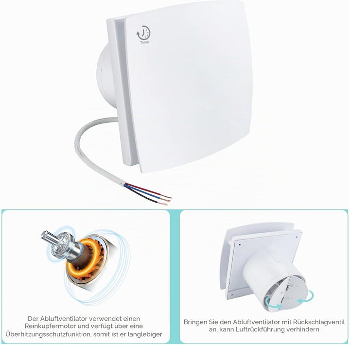 Anesty Badlüfter 100mm mit Nachlauf, 95m³/h 12W Abluftventilator Leiser Wandventilator WandLüfter mi