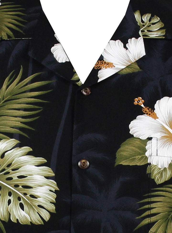 P.L.A. Pacific Legend Original Hawaiihemd, Kurzarm, Weisser Hibiskus Allover, Schwarz, S