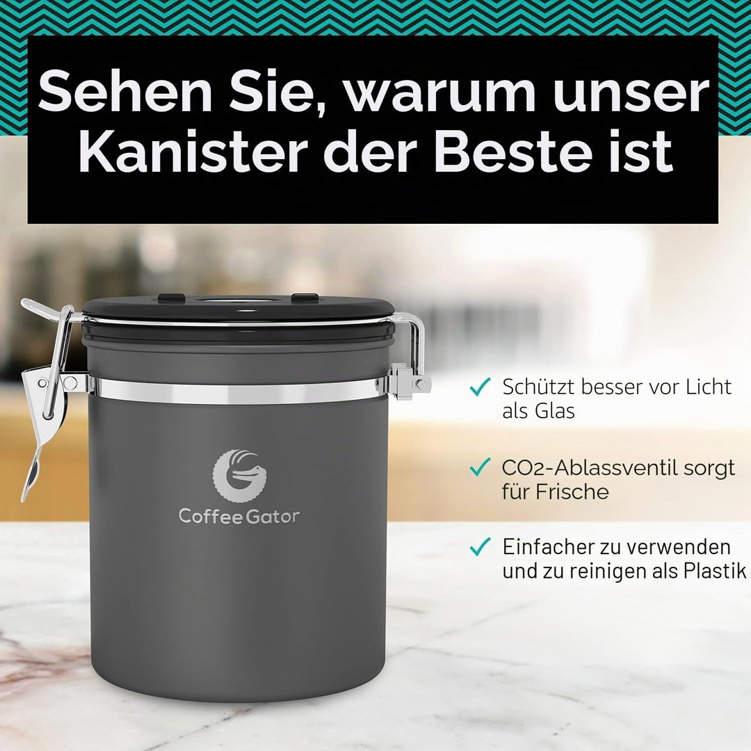 Coffee Gator Kaffeedose Luftdicht (Mittel 1,3 L) - Kaffeebohnen Behälter aus Edelstahl mit CO2-Venti