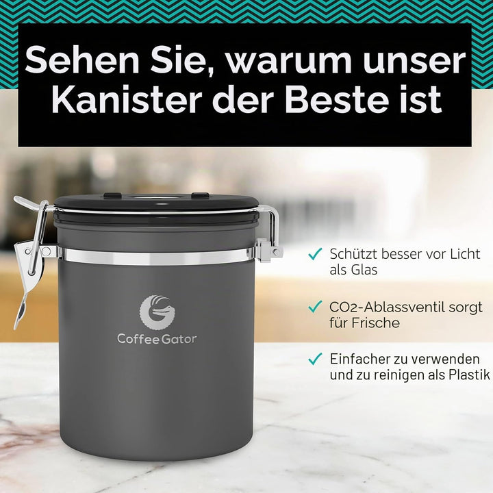 Coffee Gator Kaffeedose Luftdicht (Mittel 1,3 L) - Kaffeebohnen Behälter aus Edelstahl mit CO2-Venti