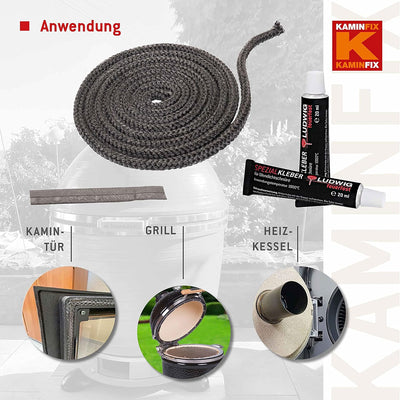Ofendichtschnur 2,5m inkl. Kleber, Kaminreparaturset in der Grösse 6mm, hochwertige Ofentürdichtschn