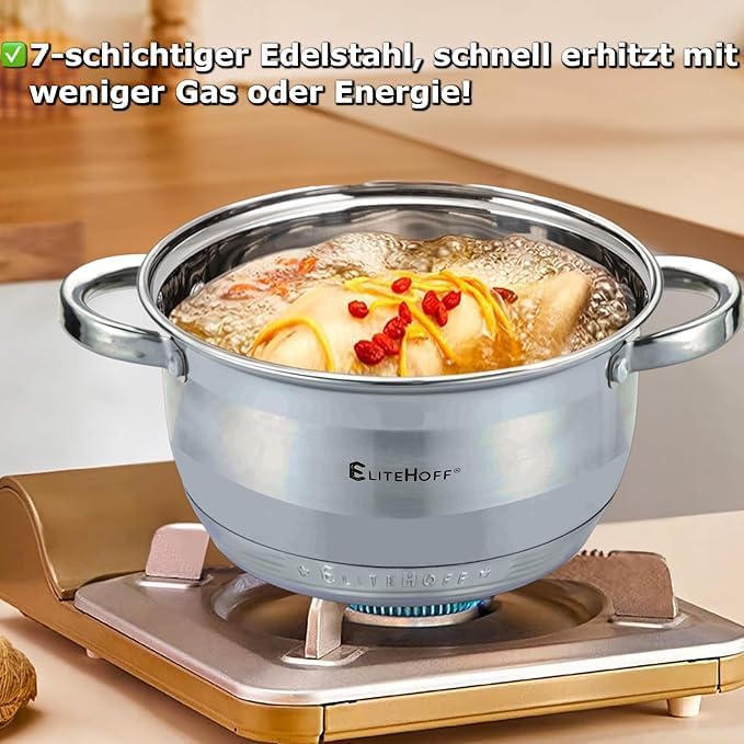 EliteHoff Kochtopf, 7-Lagen Edelstahl Topf Induktion Kochtöpfe Nudeltopf Suppentopf mit Glasdeckel f