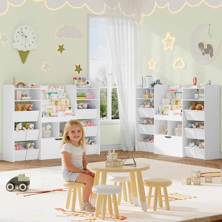 HEXCELEN Kinderregal mit Zeitungsständer, Bücherregal Kinder mit Boxen auf Rollen, Kinder mit 10 Sto