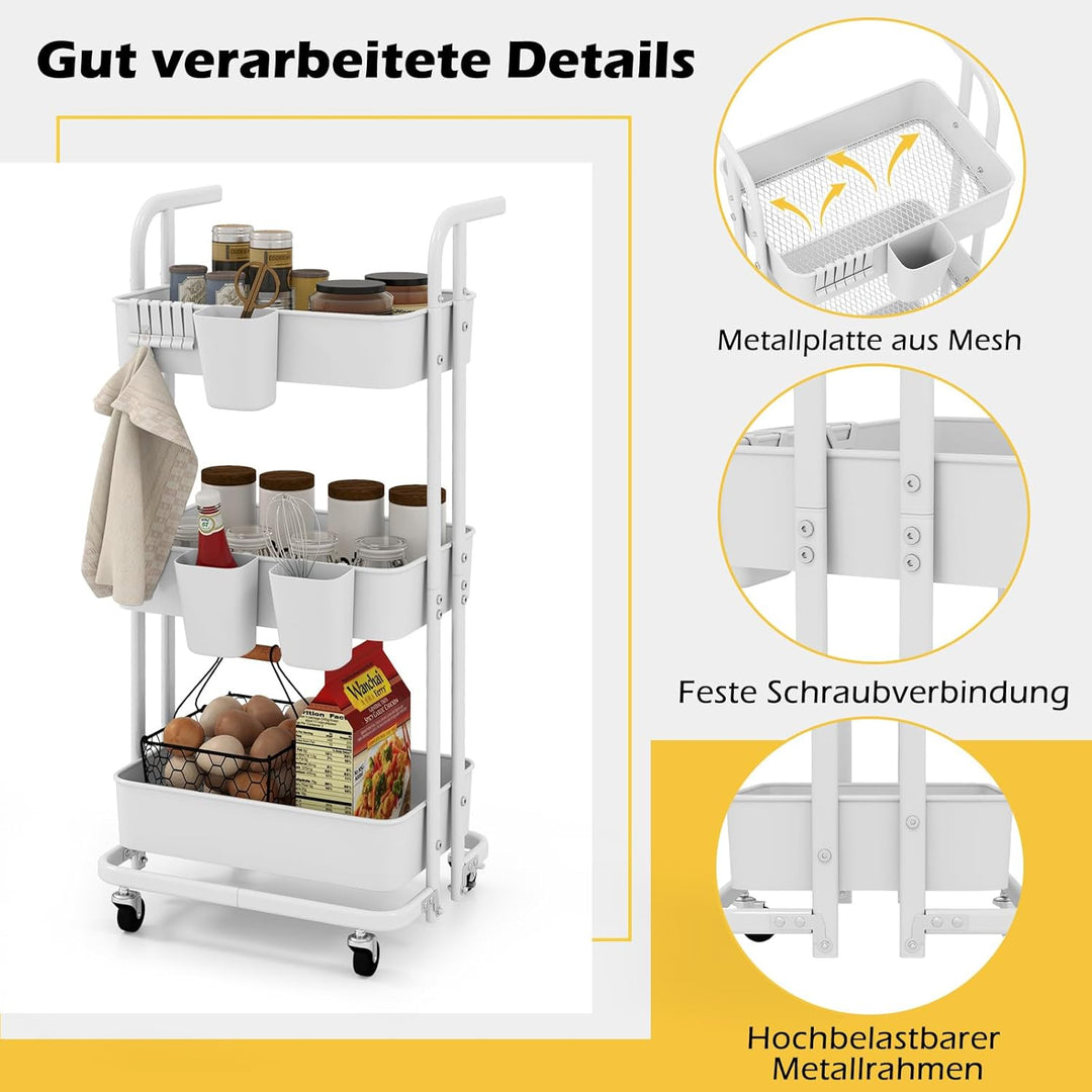 COSTWAY 3 Ebenen Rollwagen klappbar, mobiler Servierwagen auf Rollen, Küchenwagen aus Metall mit Gri