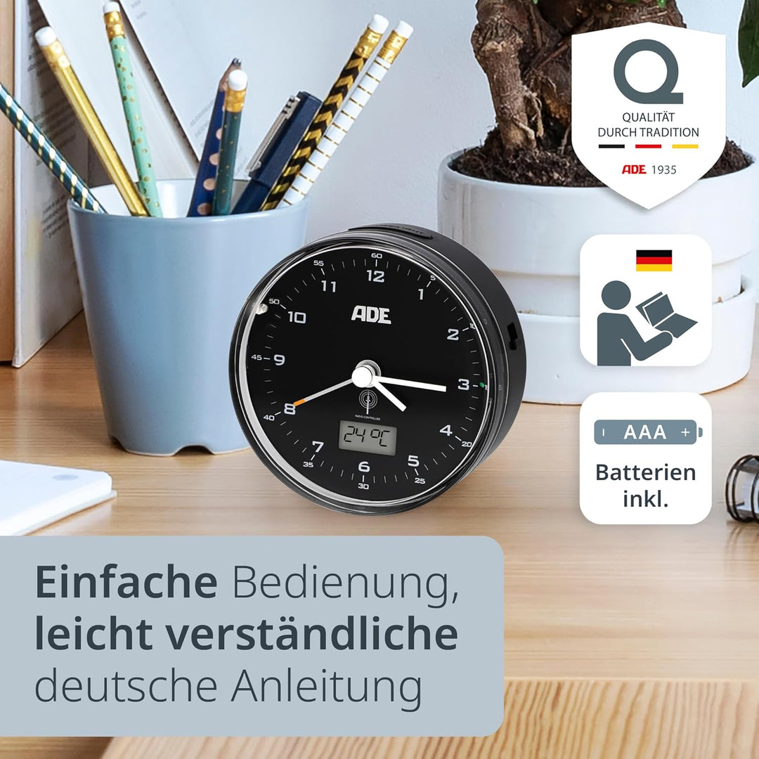 ADE Funk wecker analog ohne Ticken | Uhr mit Temperaturanzeige und Kalender | lautloser analoger Wec